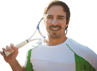Digital png photo of happy latino tennis player with tennis racket on transparent background