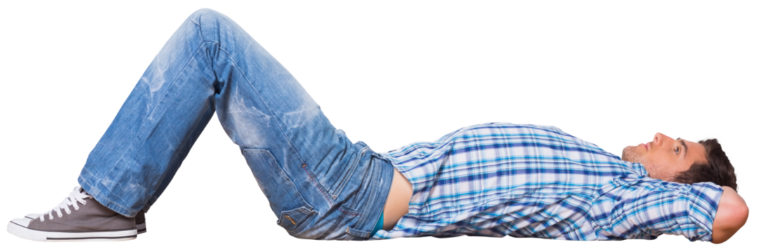 Digital png photo of happy caucasian man in shirt lying and looking up on transparent background
