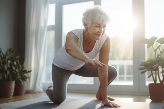 senior lady training and doing yoga at home; elderly retired woman exercising indoors; mature female old person doing a healthy fitness routine in the living room