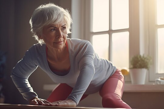 senior lady training and doing yoga at home; elderly retired woman exercising indoors; mature female old person doing a healthy fitness routine in the living room doing pilates or aerobic exercise