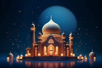 illustration of eid Mubarak night with light of a lamp, paper style, luxury happy Eid background.