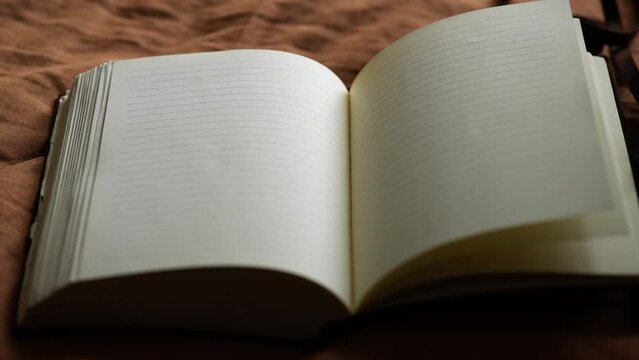 Leatherbound Journal with blank lined pages, lying open. Handheld.