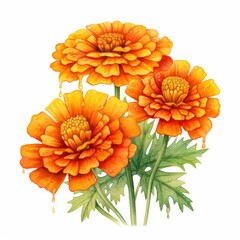 Watercolor autumn marigold flowers with raindrops on white background.