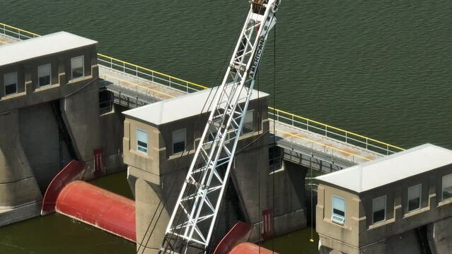 Crane Boom On Mississippi River At Lock And Dam No. 4 In Alma, Wisconsin. aerial