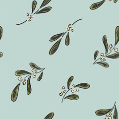 Diagonal mistletoes on a mint green in a christmas color palette of forest green, olive green forming a seamless vector pattern. Great for homedecor,fabric,wallpaper,giftwrap,stationery,packaging.