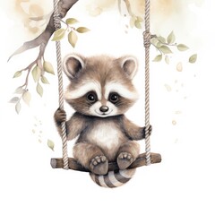 Cute baby raccoon in watercolour style, sitting on swings attached to the tree.
