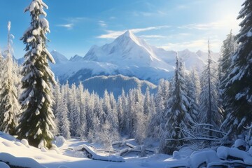 Snowy forest with Mont-Blanc mountains in the background on a sunny frosty day. Generative AI - obrazy, fototapety, plakaty