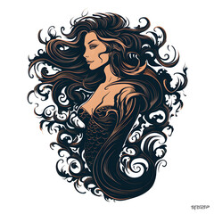 Beautiful Mermaid tattoo design dark art illustration isolated on white background