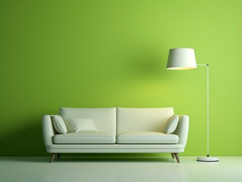 Modern interior room with white sofa and floor lamp in front of light green wall generative ai
