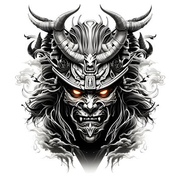 samurai head tshirt tattoo design dark art illustration isolated on white background