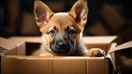 Sweet german shepherd dog sits among cardboard boxes for moving to a new home. Moving day excitement