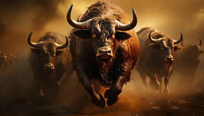African buffalo herd in the wild, strength and beauty in nature generated by AI