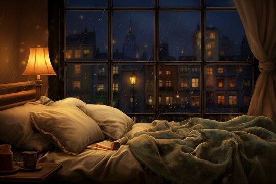 A cozy scene of a bed by a window with rain, street light, and lamp, adorned with pillows and a blanket. Generative AI