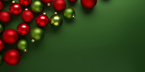 red and green christmas balls,Christmas mood Postcard from balls on a green background - obrazy, fototapety, plakaty