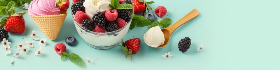 Scoops of Vanilla, mint leaves in a glass bowl, sprinkles, berries, and flowers.