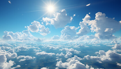 Naklejka na ściany i meble Blue sky, fluffy clouds, vibrant sunset, nature beauty in aerial view generated by AI