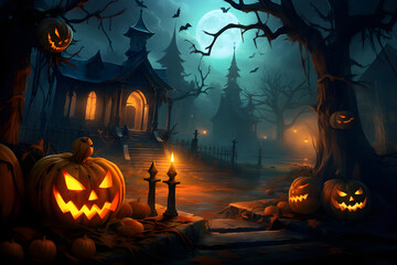 Fototapeta na wymiar halloween background with pumpkin and bats
