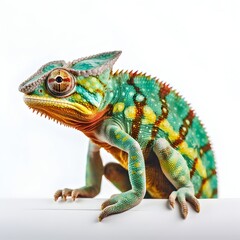 close up beautiful multicolored chameleon isolated on white background.