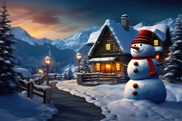 Christmas snowman in front of a house in winter