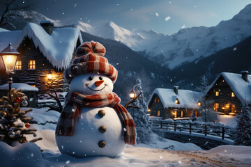 Christmas snowman in front of a house in winter