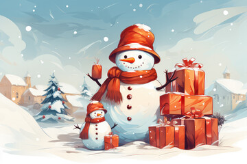 Cute christmas snowman with presents