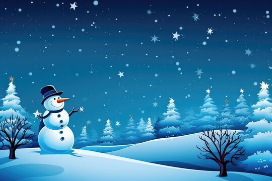 Christmas snowman among the snow fields