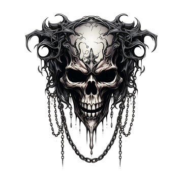 Skull with chain tshirt tattoo design dark art illustration isolated on white