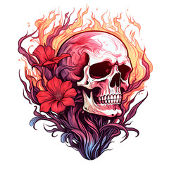 Skull with flower tshirt tattoo design dark art illustration isolated on white