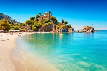 Vertical panorama of Isola Bella beach in Taormina, Sicily. Sunny day at tropical beach. Generative AI