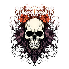 Skull with flower tshirt tattoo design dark art illustration isolated on white
