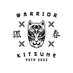 Kitsune Samurai Head japanesee Wolf Logo in vintage style black and white vector illustration