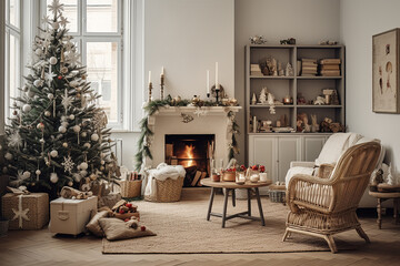 living room interior with a large Christmas tree, garland, gifts, fireplace, decorations, candles, wooden chair, white walls, modern classic design, beige, neutral, natural tones - obrazy, fototapety, plakaty