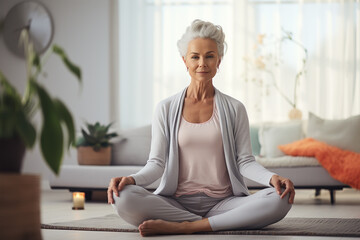an elderly woman 60 years old sits in the lotus position on a yoga mat in tight leggings at home on a yoga mat and meditates, white interior walls, gray sofa