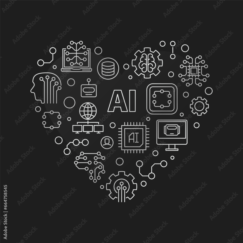 Canvas Prints ai heart concept vector thin line modern silver banner - artificial intelligence illustration