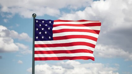 United states of America US Navy flag 1777 flutters in the wind. USA national flag. Cloudy sky background.