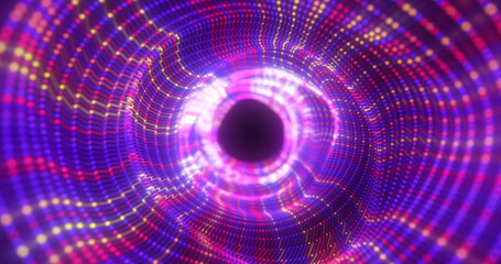 Obraz premium Abstract purple energy tunnel made of particles and a grid of high-tech lines with a glowing background effect