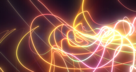 Abstract yellow glowing neon energy laser lines flying on a black background