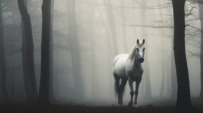 Caballo blanco en el bosque en un d&iacute;a con niebla