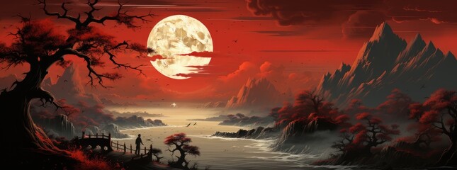 An Chinese landscape with bright red lights, in the style of gothic illustration