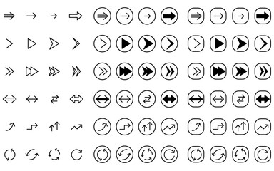 シンプルな矢印アイコンのセット、白黒（白地に黒）