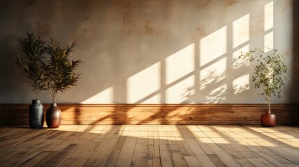 Warm Sunlight Casting Shadows on Rustic Room with Plants