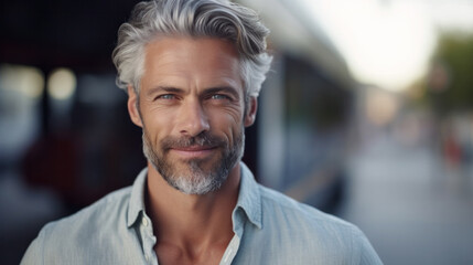 Obraz premium Cropped closeup portrait of caucasian mature middle-aged man looking at camera and smiling with people crowd on background