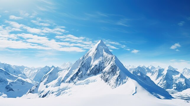 White snowy montains with blue sky, travel and vacation lifestyle, resilience and challenges concept