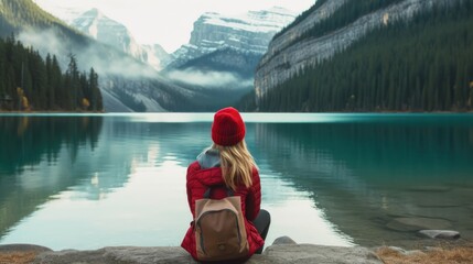 Traveler Admiring Autumn Lake Beneath Majestic Snow-Capped Mountains