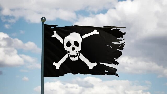 Jolly Roger flag flutters in the wind. Pyrate ship skull and bones war banner.