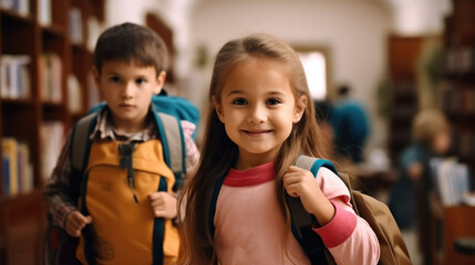 Two children pupils with backpacks in library.
