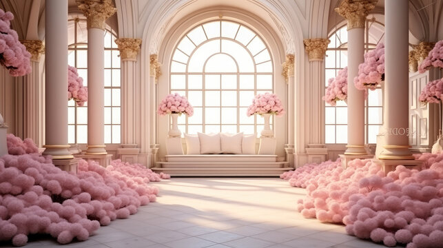 Elegant luxury wedding venue interior design with pink roses.