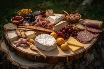 a wooden plate with meats and cheeses for picnic. Generative AI