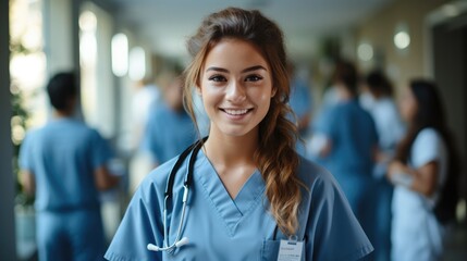 Medical woman student standing in hospital with group mates background.