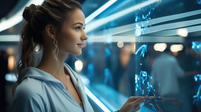 Female doctor checking x-ray results through modern digital technology, Looking at futuristic digital transformation screen. - Powered by Adobe